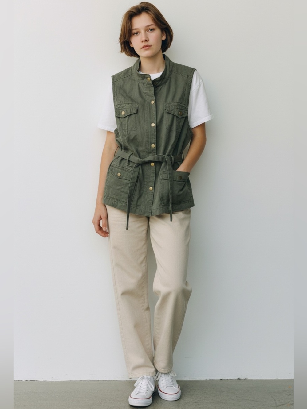 GUESS Olive Green Sleeveless Utility Style Jacket